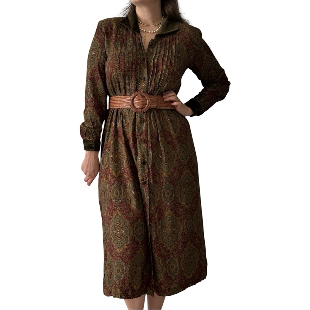Vintage Karin Stevens Paisley Midi Dress w/ Velvet Details